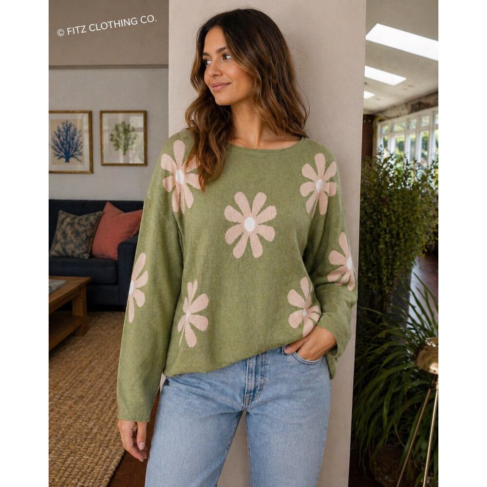 Ekouaer Green Floral‎ Sweater Women’s Medium Lightweight Knit Daisy Print Casual